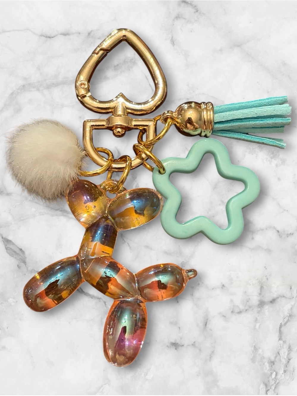 Iridescent Balloon Dog Charm Keychain with Mint Star & Gold Hardware